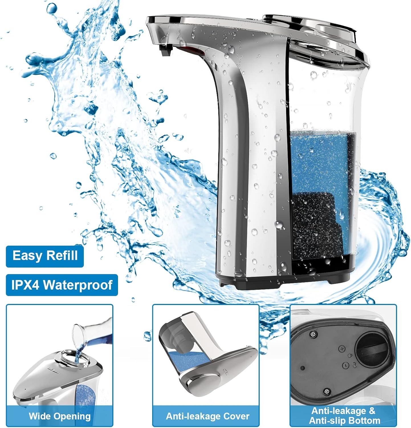 Automatic soap dispenser for hygienic and touch-free kitchen use.