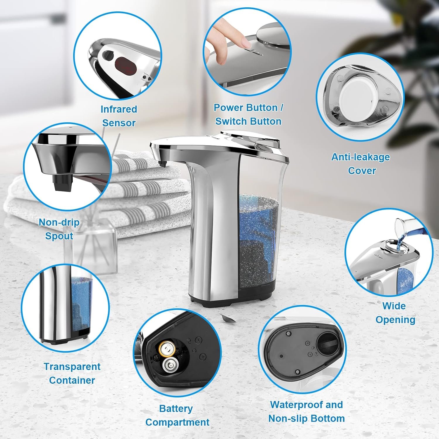 Automatic soap dispenser for hygienic and touch-free kitchen use.