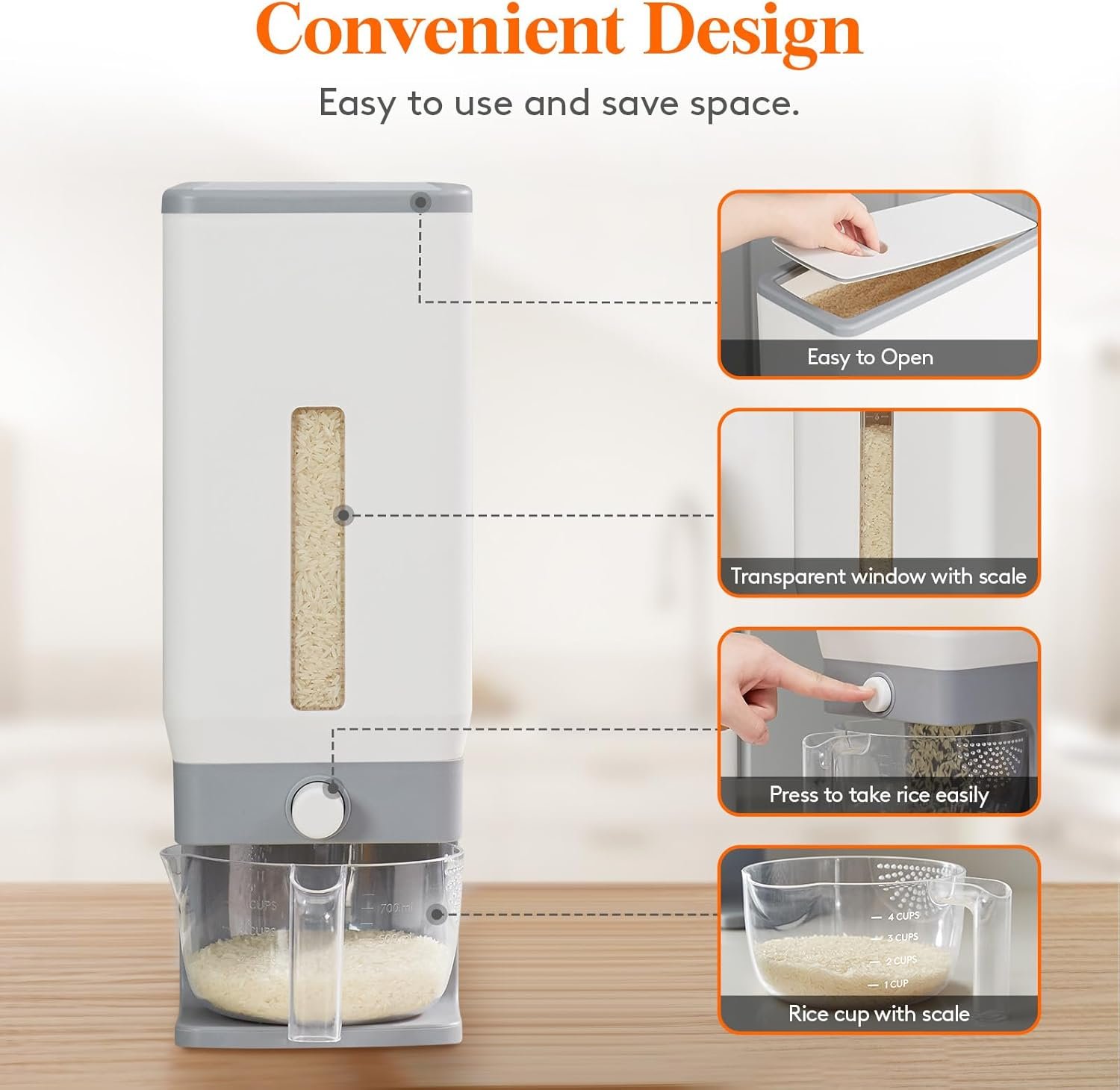 This container keeps rice fresh and organized in your kitchen.