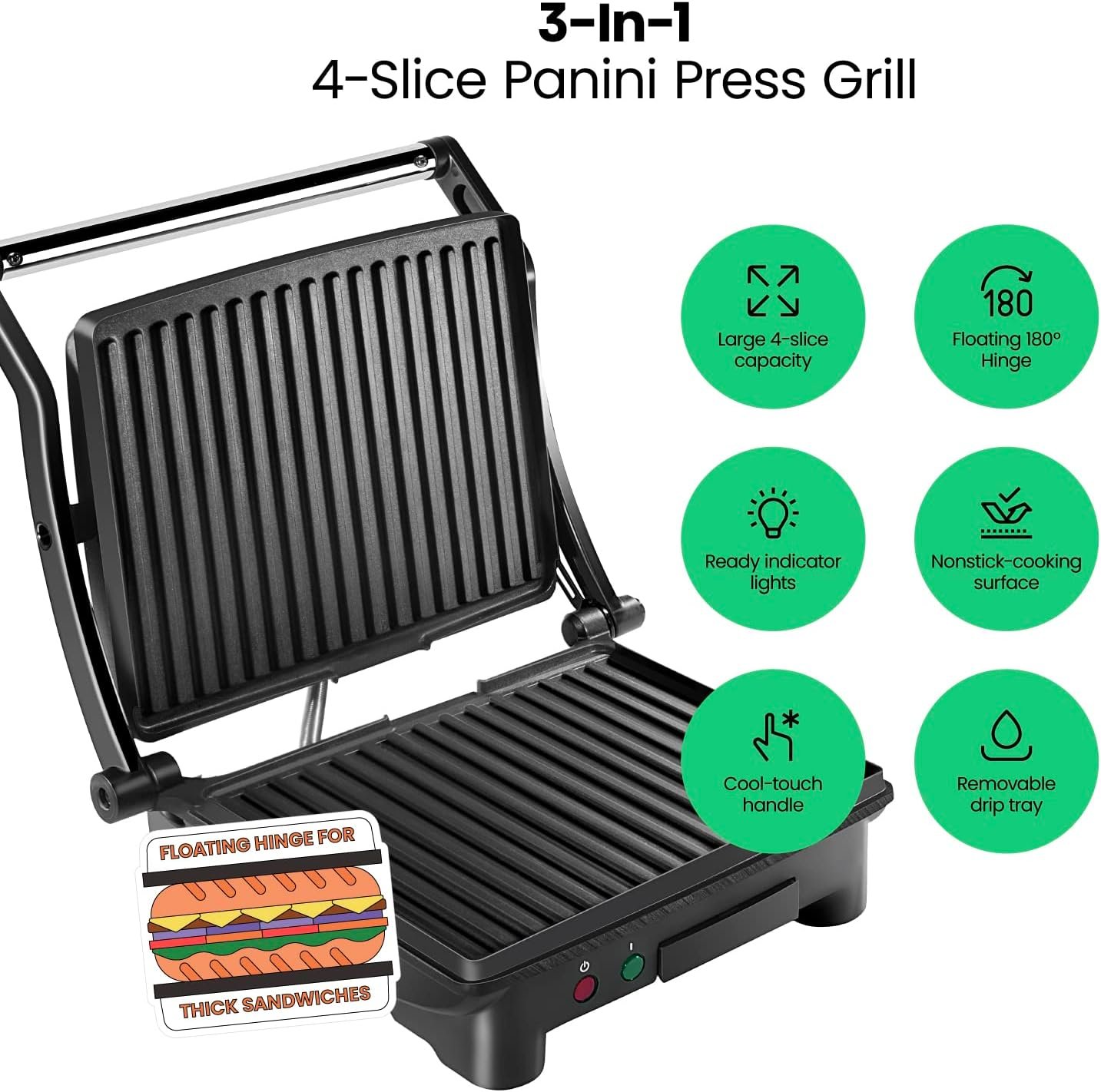 Chefman Panini Press Grill 4 Slice | Non-Stick Sandwich Maker & 180° Open Indoor Gril