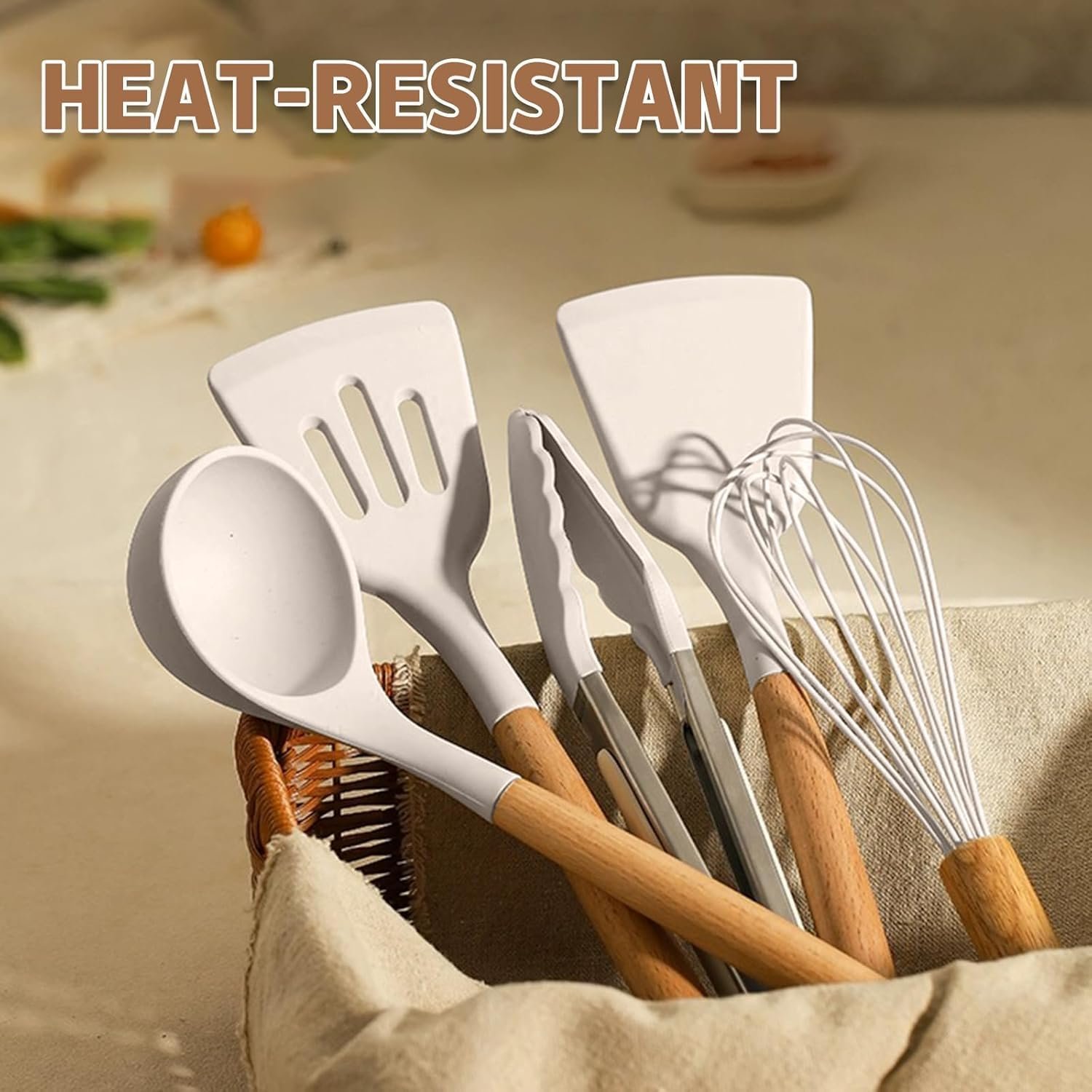 Non-Stick Silicone Cooking Kitchen Utensils Spatula Set with Holder, Wooden Handle Silicone Kitchen Gadgets Utensil Set