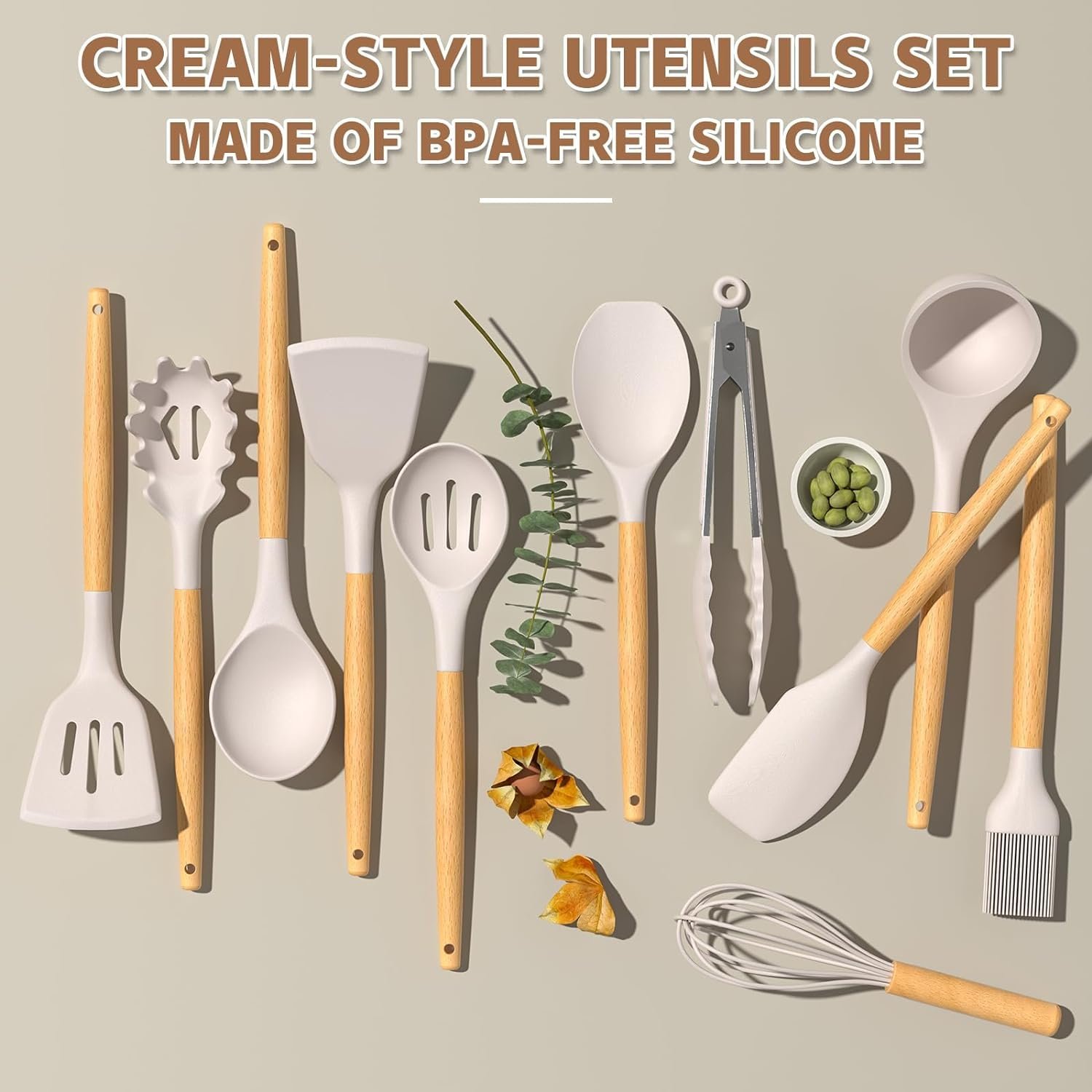 Non-Stick Silicone Cooking Kitchen Utensils Spatula Set with Holder, Wooden Handle Silicone Kitchen Gadgets Utensil Set